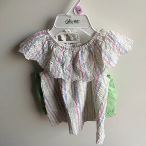 Little Me Pastel Striped Baby Dress with Green Bloomers